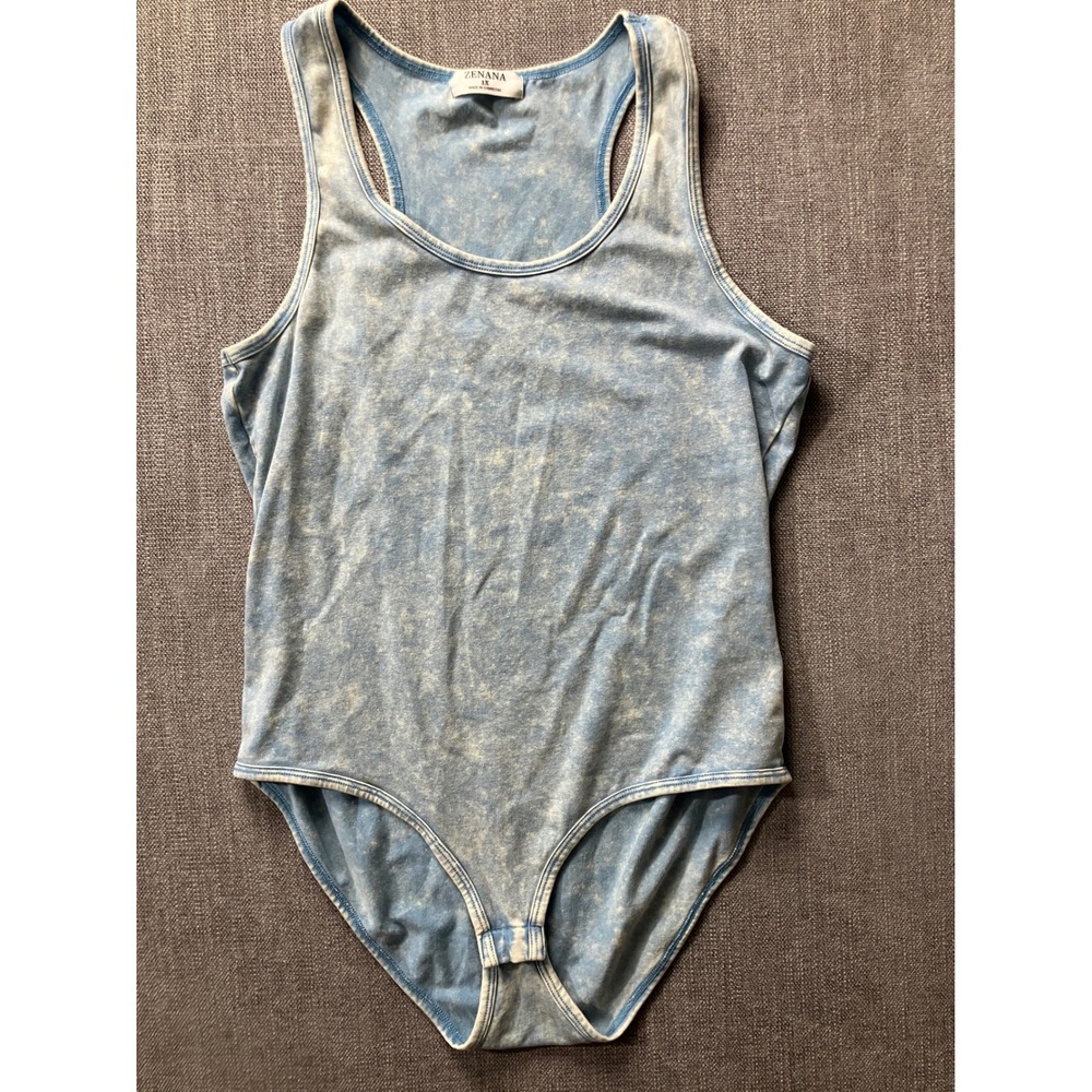 Zenana Womens‎ Blue Acid Wash Racerback Bodysuit Size 1X Sleeveless Scoop Neck